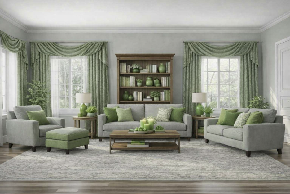 Living room ideas, before and after green with neutral