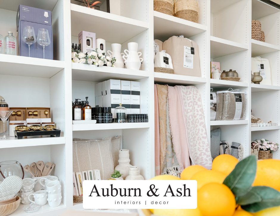 Shelves of home decor items at Auburn and Ash in Red Deer