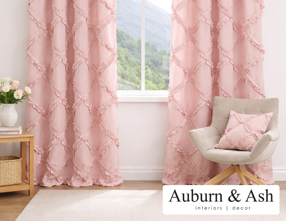 Pink textured curtains with matching cushion. Find luxury and custom drapery in Red Deer with Auburn & Ash Design.
