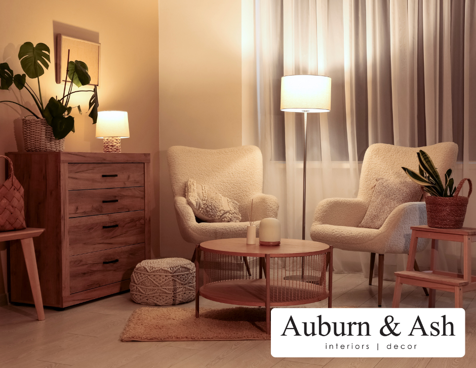 The warm glow of a well-lit and decorated living space. Shop for home decor at Auburn & Ash Design in Red Deer