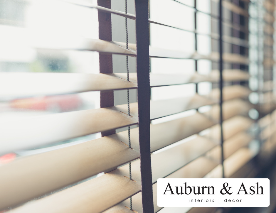 Ventian blinds cracked open to let in some light. Buy these at Auburn & Ash in Red Deer.