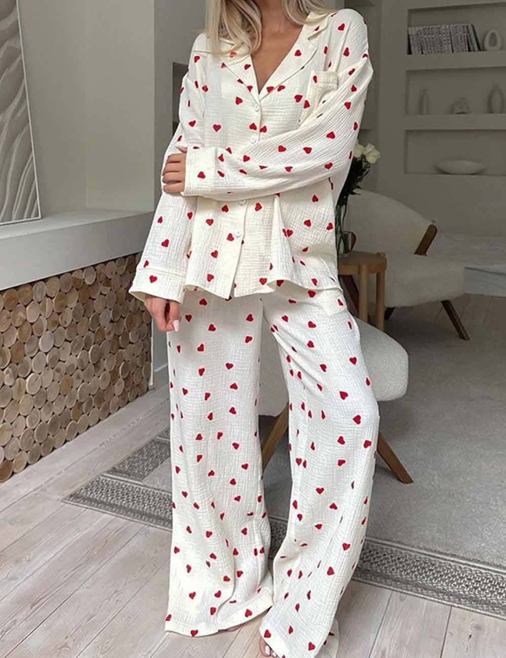Heart Print Lounge Button Up Pajamas Set
