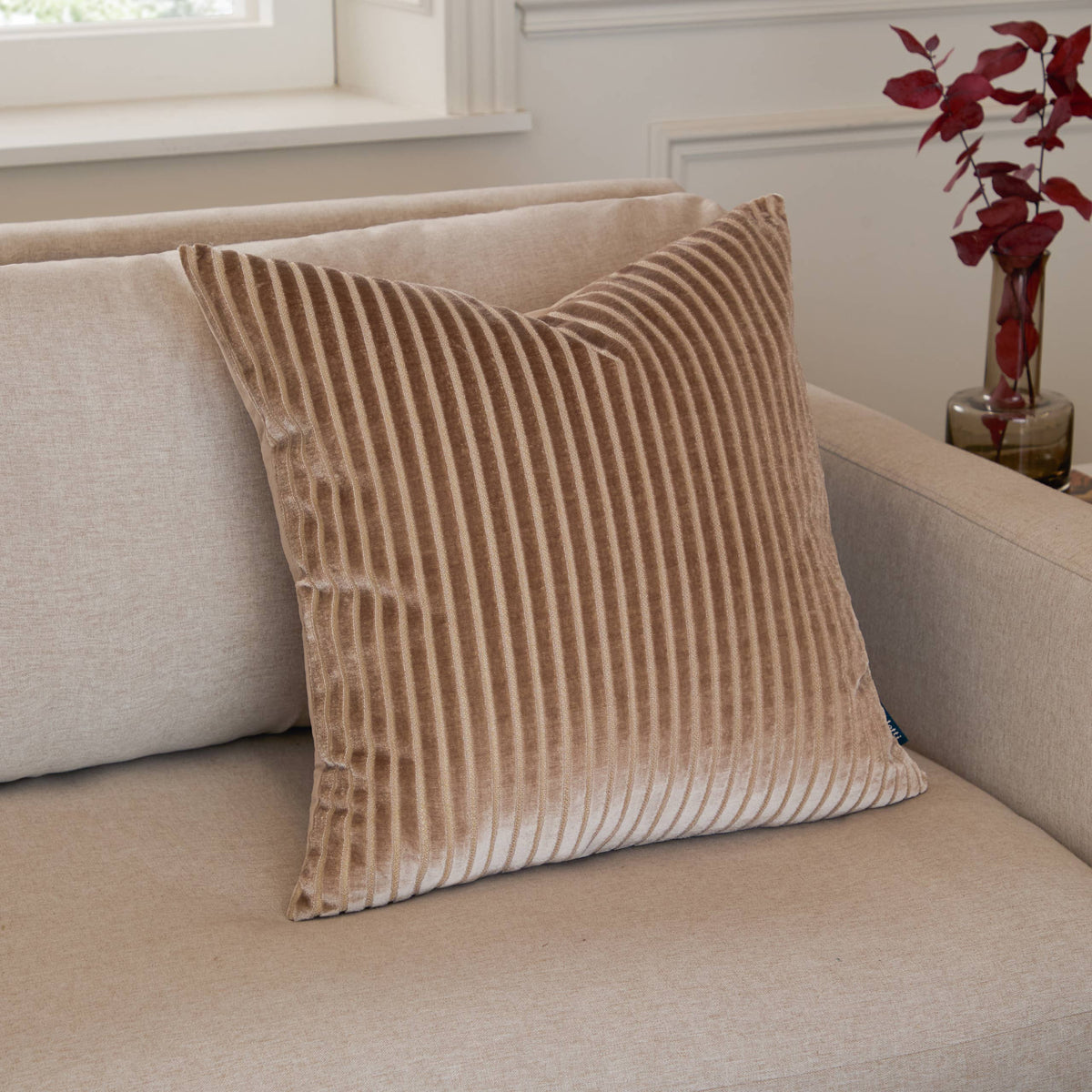 Savoy Stripe Velvet Cushion, Mink