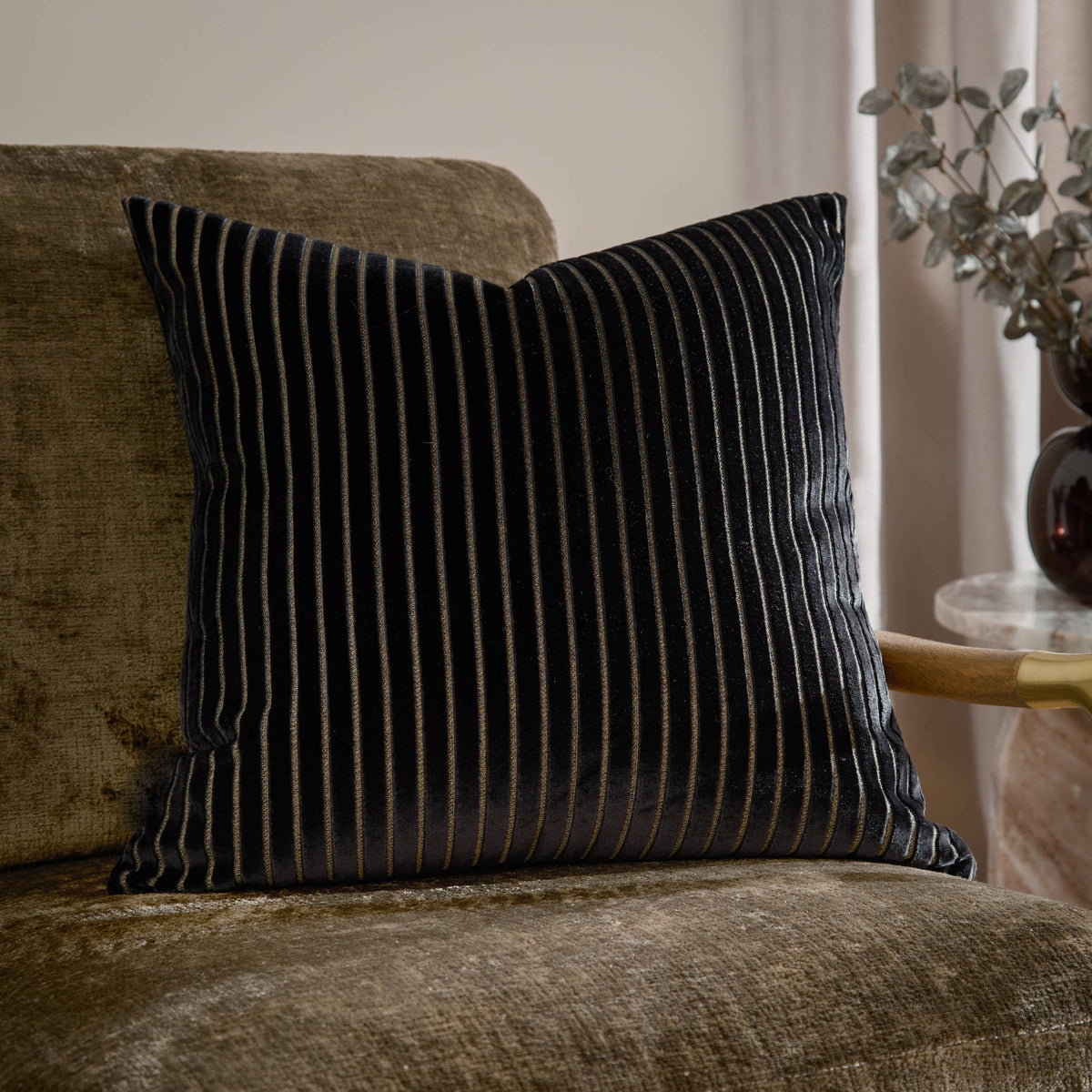 Savoy Stripe Velvet Cushion, Black