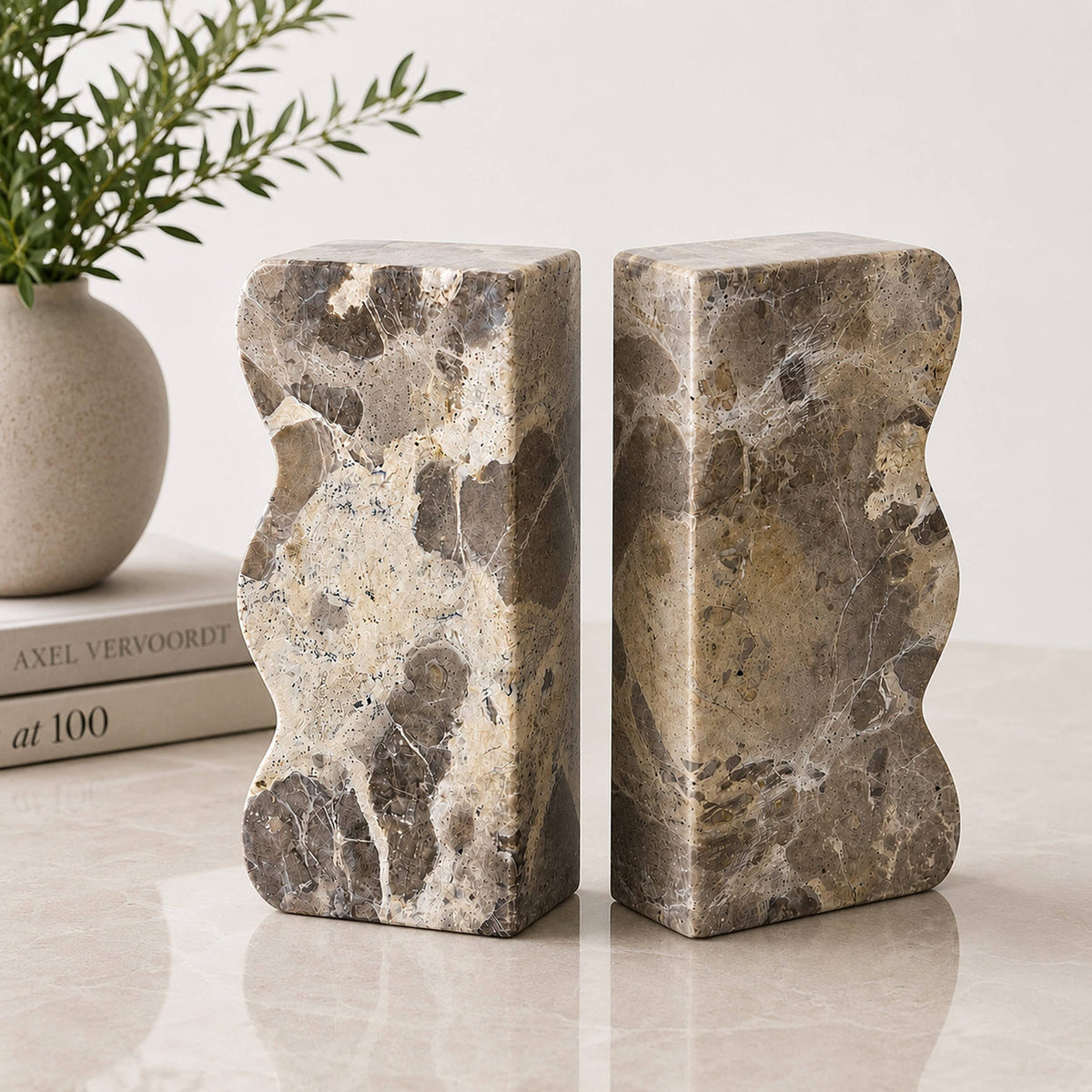 Amphora Pillars Bookends, Caprie Beige Marble