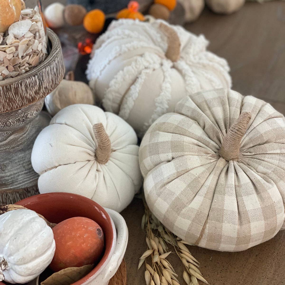 Large White Fuzzy Stripes Fall Fabric Pumpkin