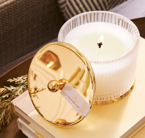 Thymes Frasier Fir Gilded Medium Poured Candle, Frosted Wood Grain