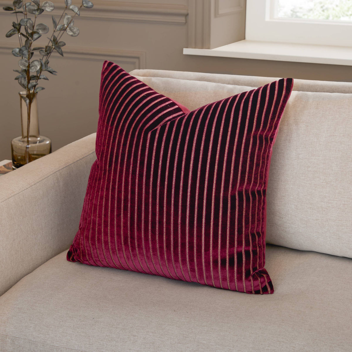 Savoy Stripe Velvet Cushion, Burgundy
