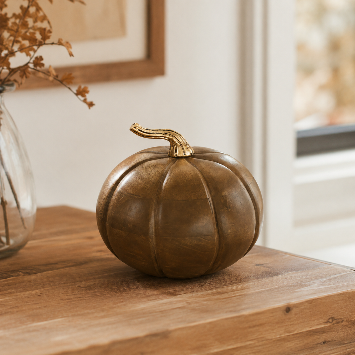 Walnut Mango Wood Pumpkin, 7 Inch, Farmhouse Cottage Fall Decor