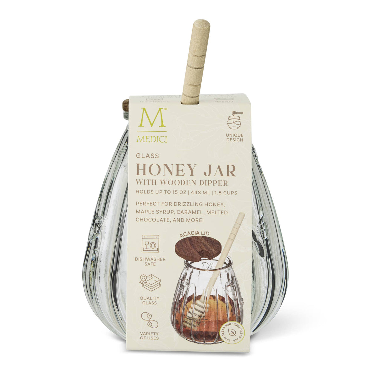 15oz Embossed Bee Honey Jar with Acacia Lid & Wood Dipper