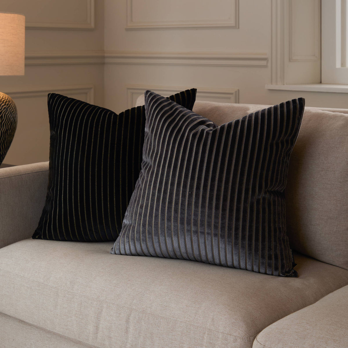 Savoy Stripe Velvet Cushion, Black