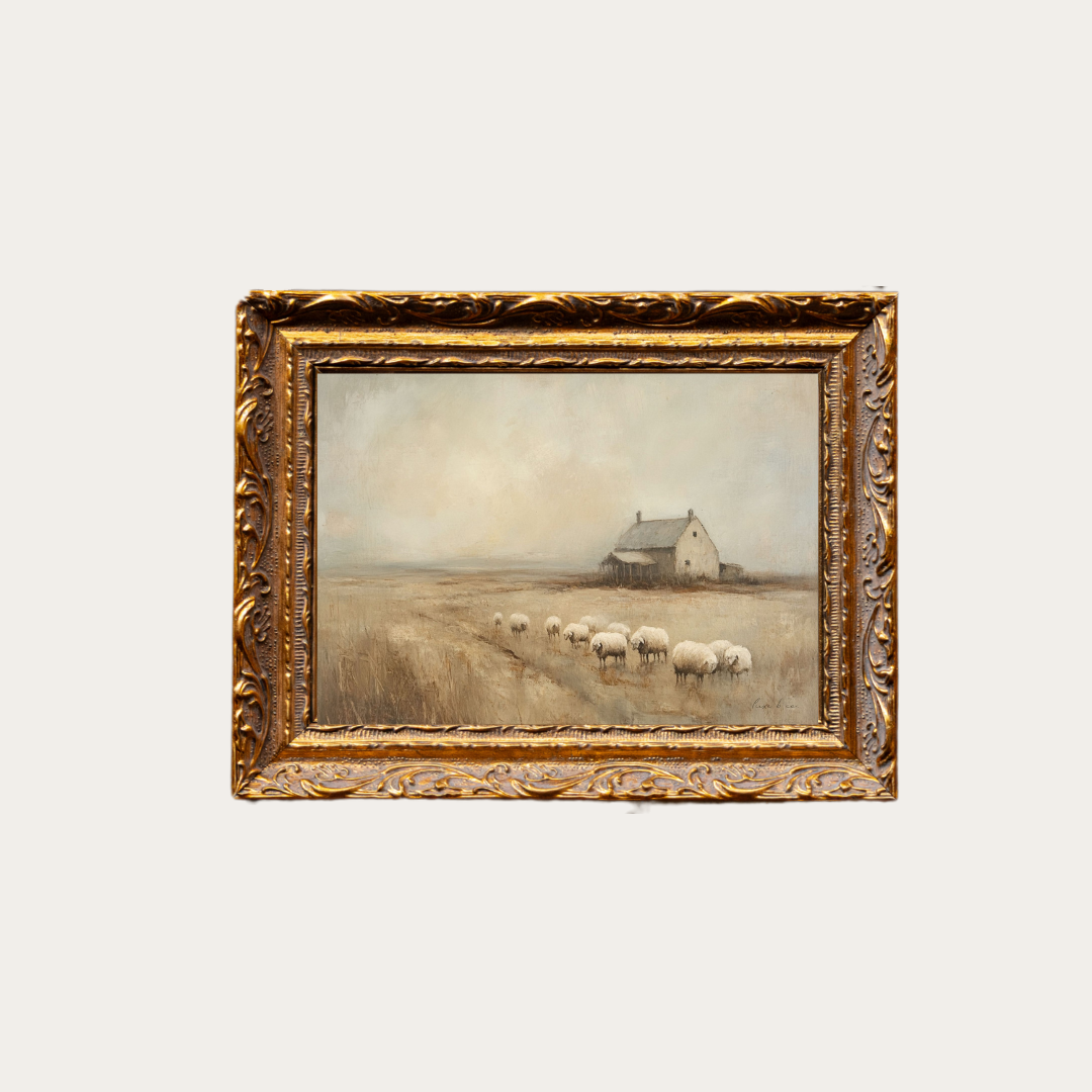 Vintage Farmland Framed Art, French Brass Gold Mould