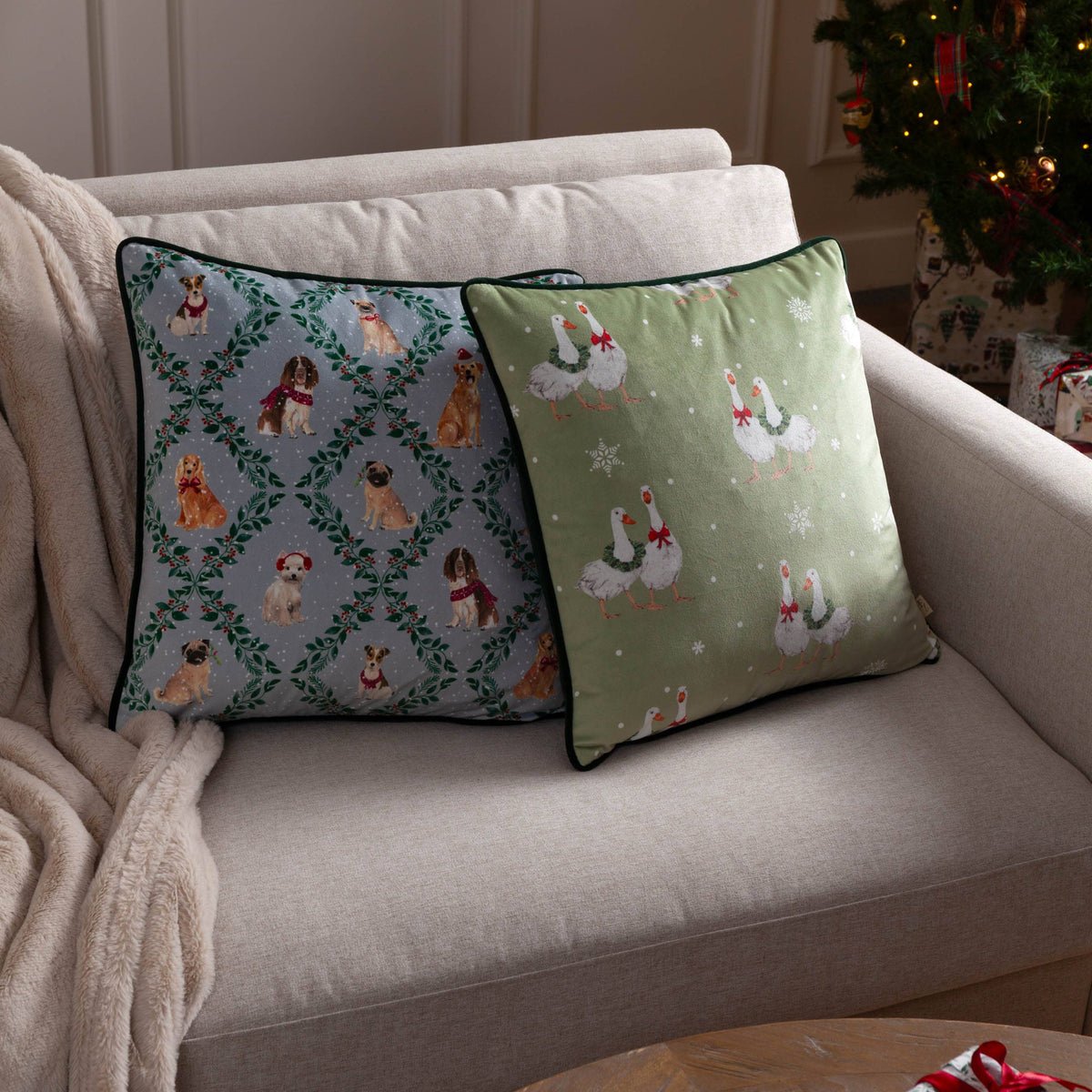 Christmas Dog Friends Printed Velvet Cushion, Multicolour