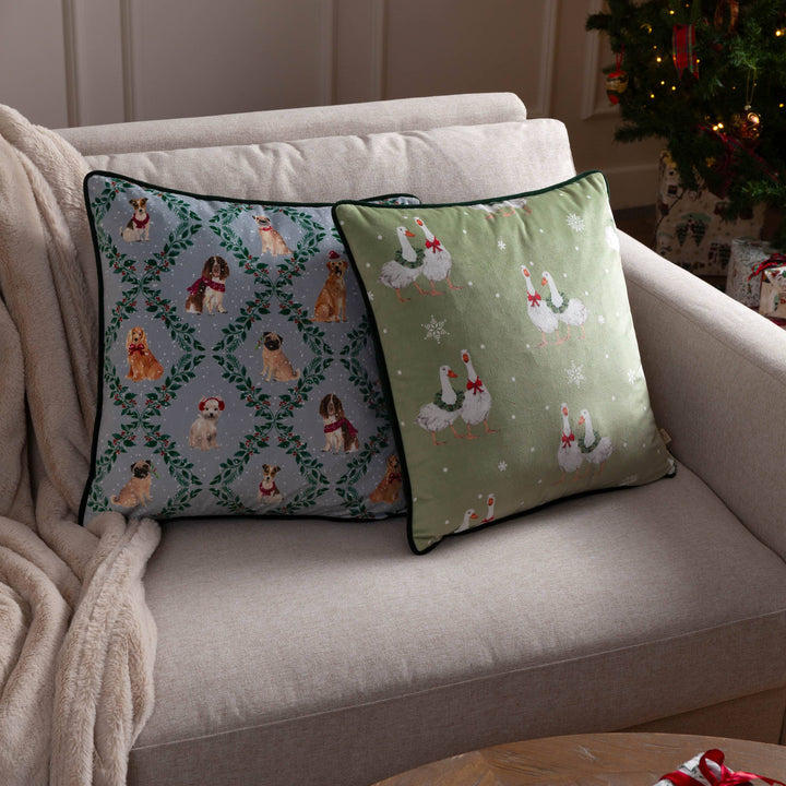 Christmas Dog Friends Printed Velvet Cushion, Multicolour