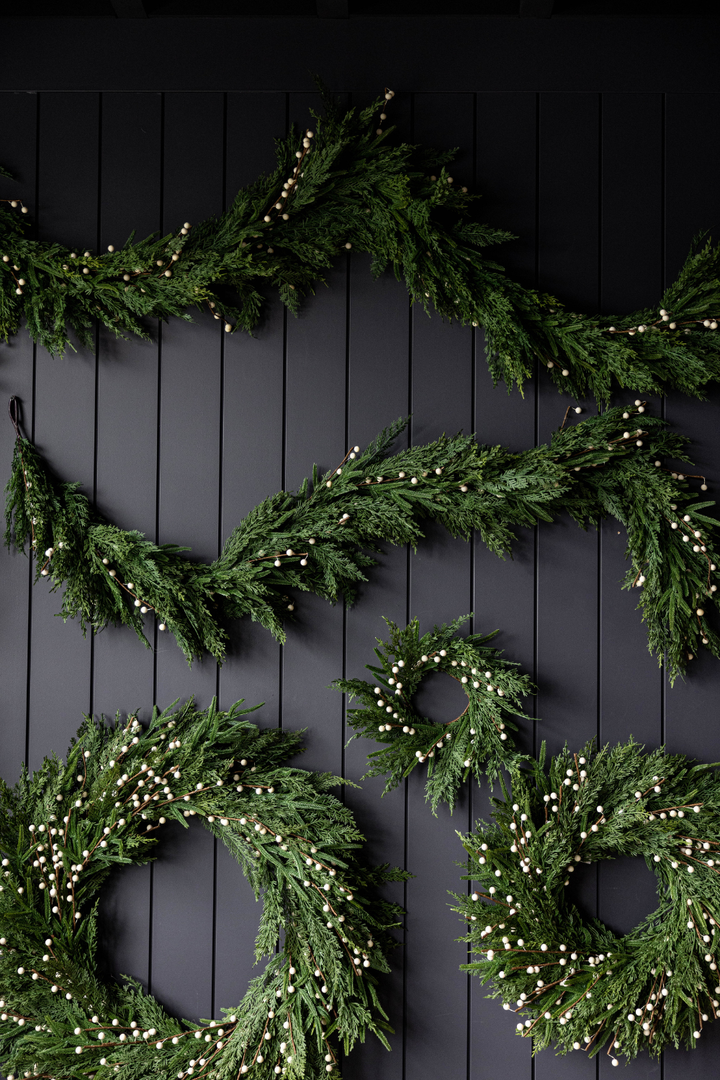 White Plum Berry Norfolk Cypress Real Touch Wreath, 14"