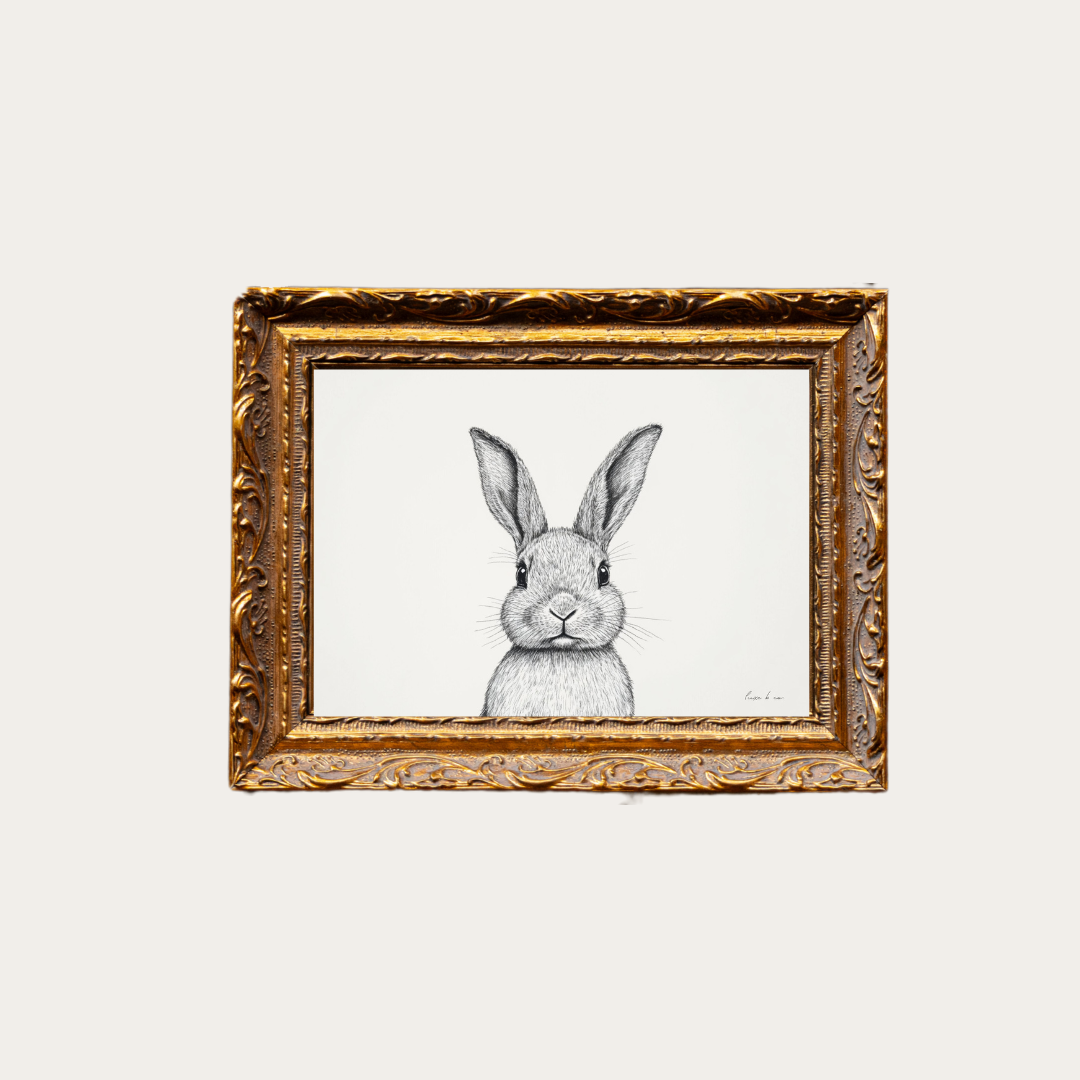 Rabbit Sketch Framed Art, French Brass Inspired Gold Mould, 8x10