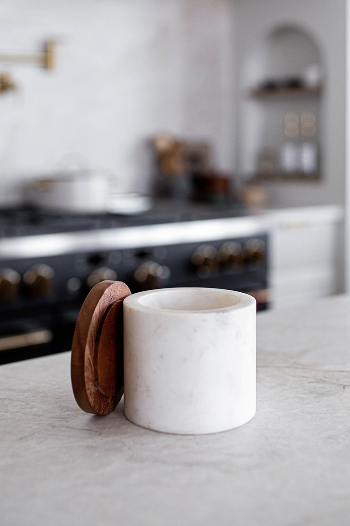 White Marble Jar with Acacia Wood Lid