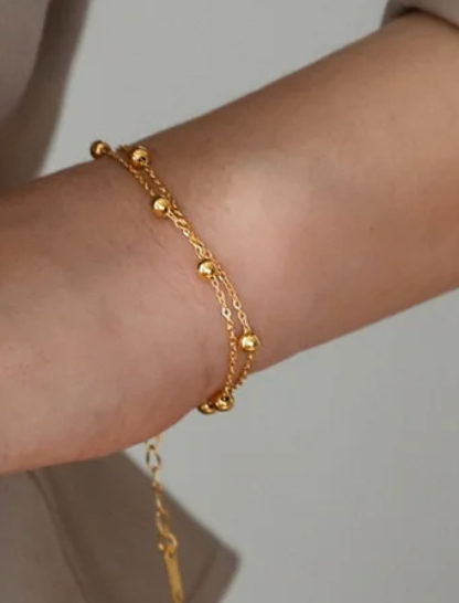 Satellite Bead 2-Strand Bracelet, Steel 14K Gold