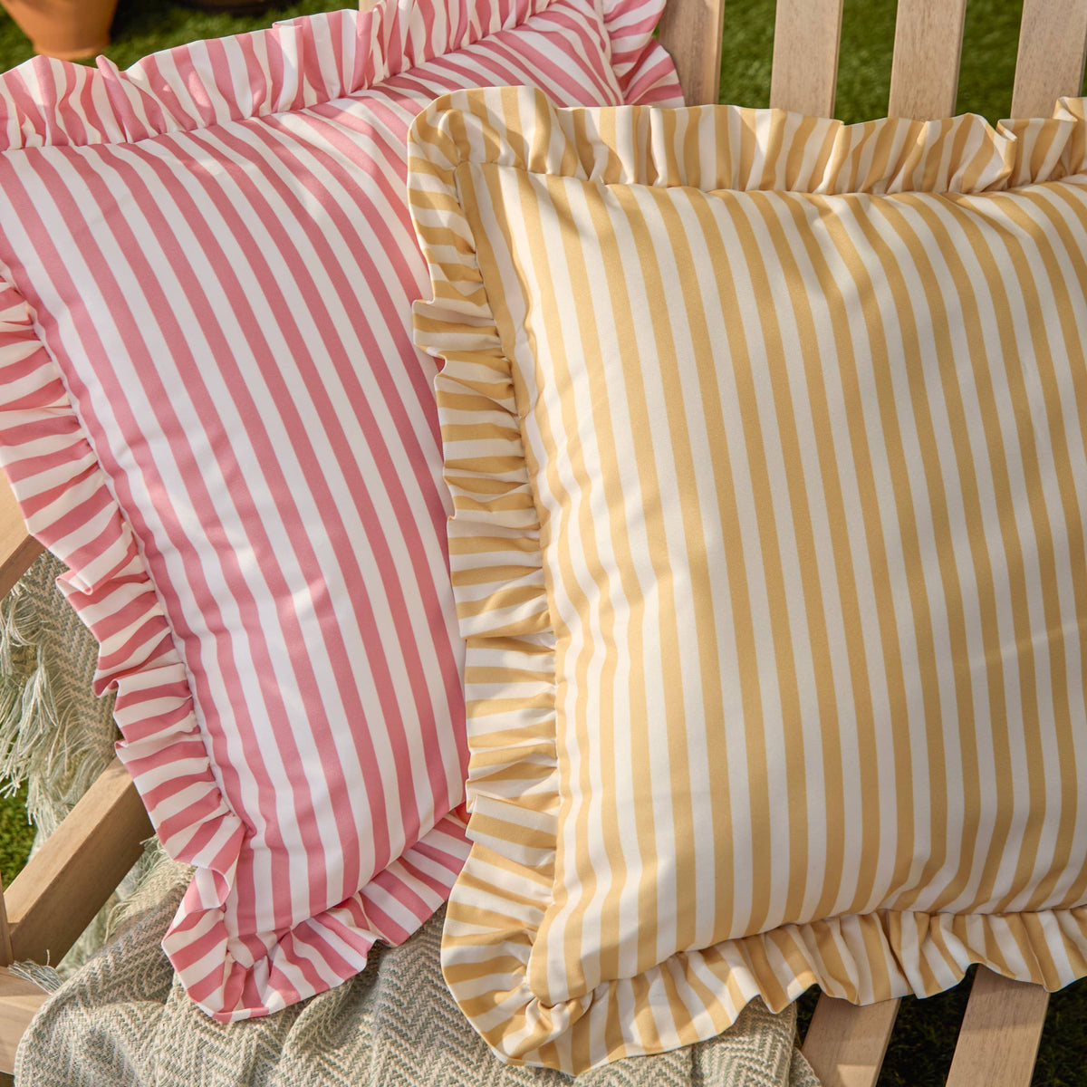 Millie Ruffle Striped Outdoor Cushion, Pink