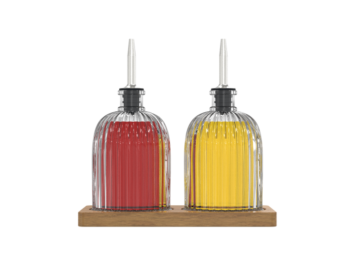 Fluted Glass Cruet Set with Acacia Base, Silver