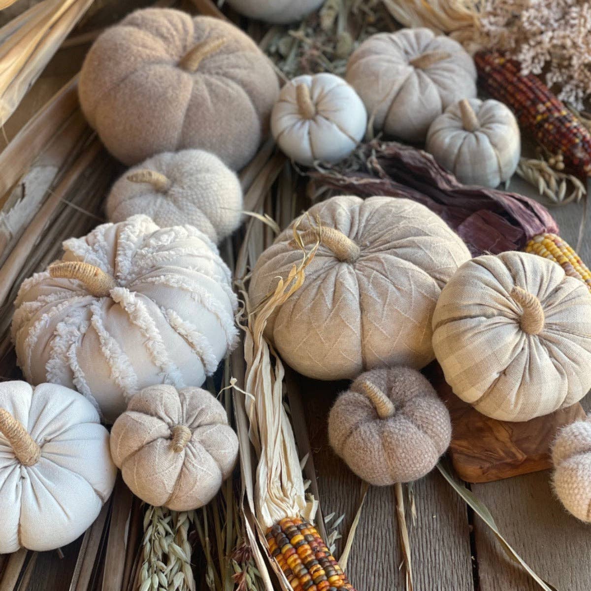 Large White Fuzzy Stripes Fall Fabric Pumpkin
