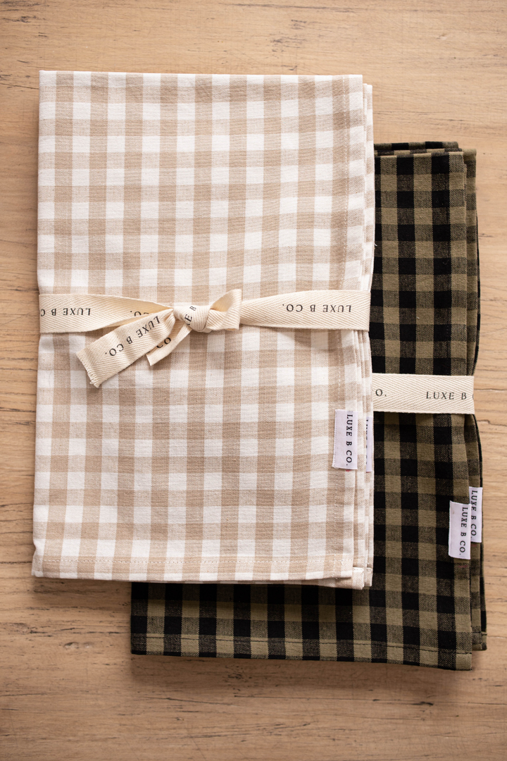 Beige Gingham Kitchen Dish Towels, Set of 2