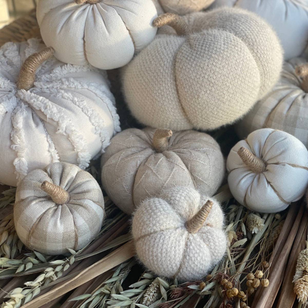Large White Fuzzy Stripes Fall Fabric Pumpkin
