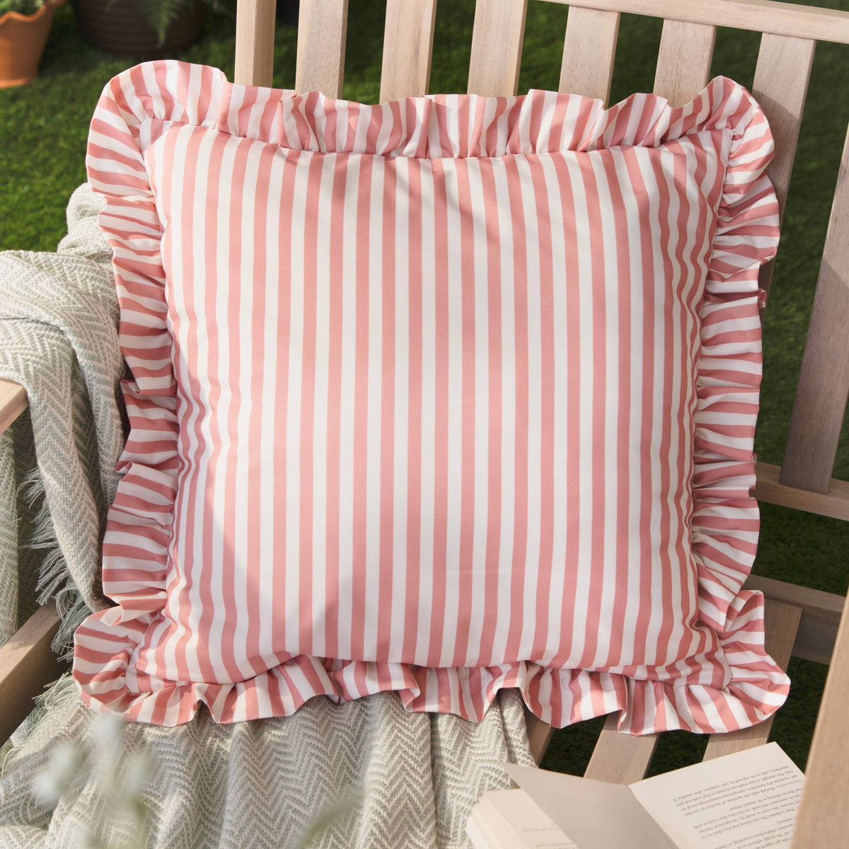 Millie Ruffle Striped Outdoor Cushion, Pink