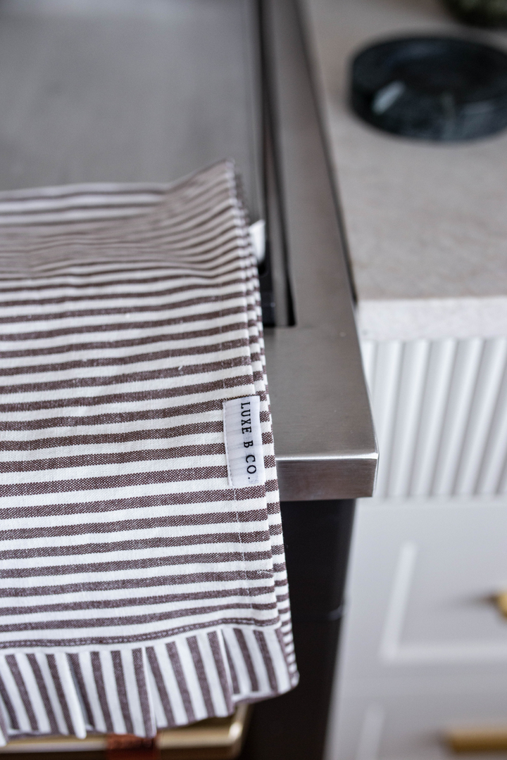 Brown & White Striped Ruffle Kitchen Dish Towels, Set of 2