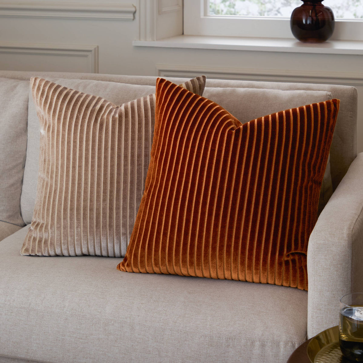 Savoy Stripe Velvet Cushion, Mink