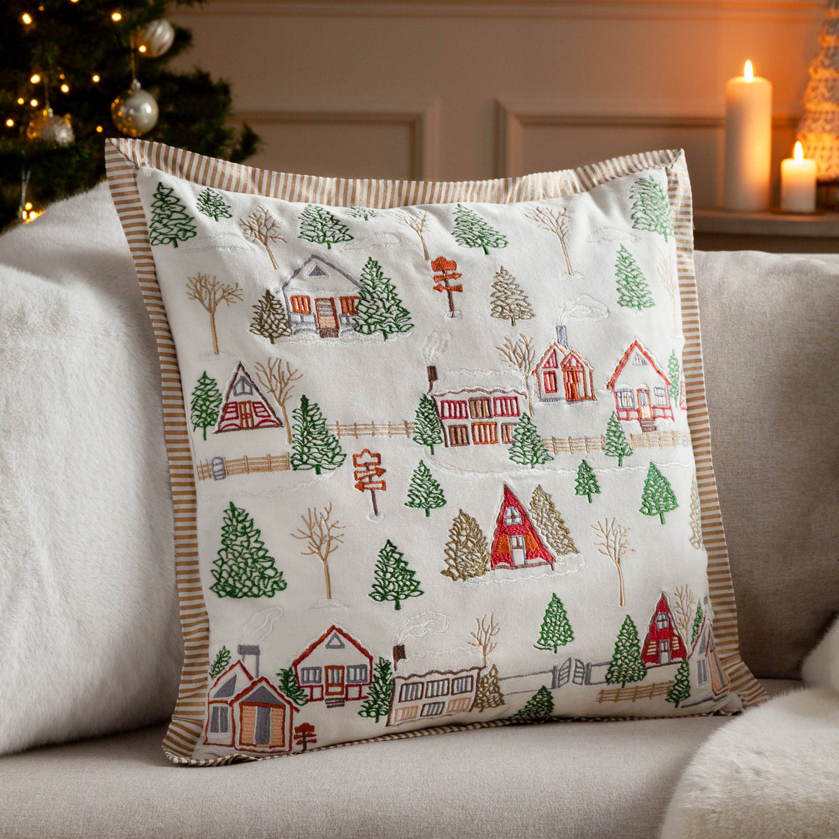 Winter Ski Lodges Embroidered Cushion, White