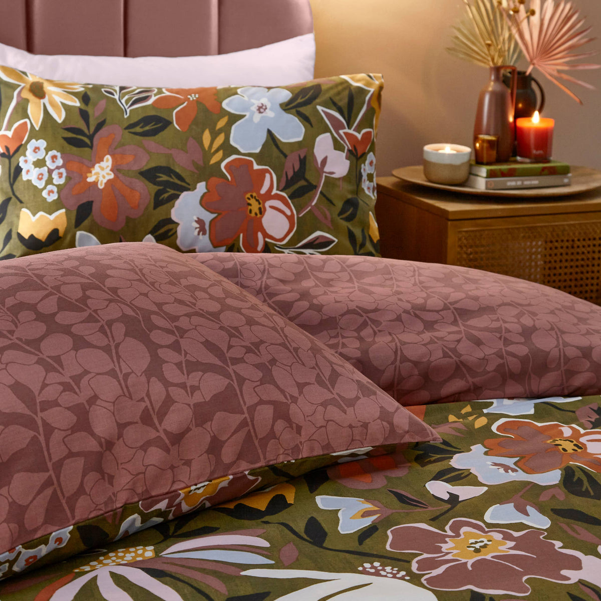 Asterea Duvet Cover Set, Olive/Pink
