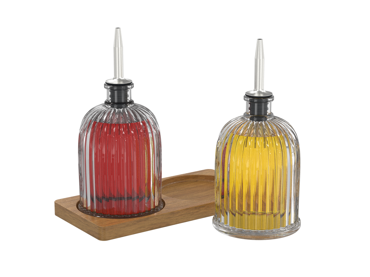 Fluted Glass Cruet Set with Acacia Base, Silver