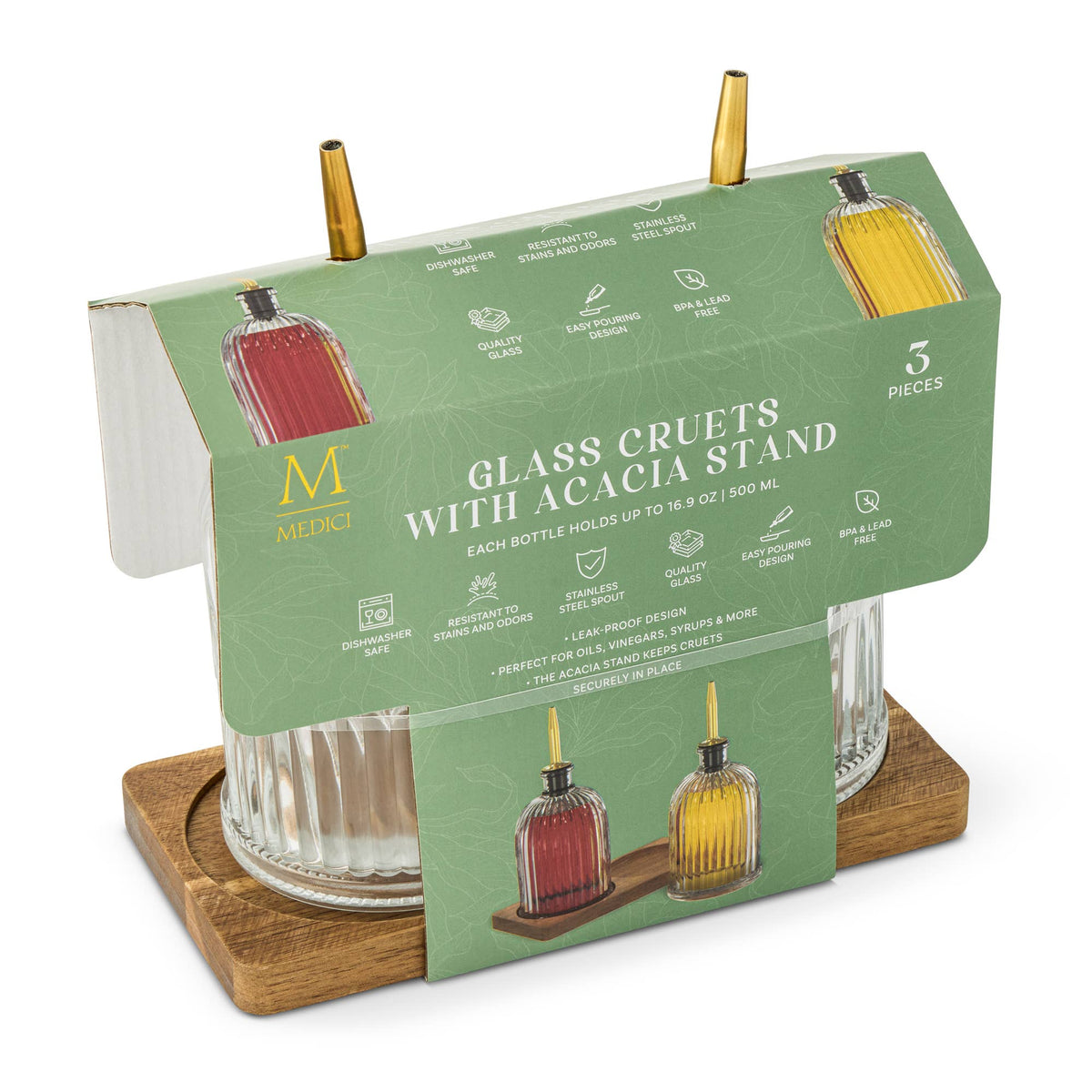 Fluted Glass Cruet Set with Acacia Base, Gold