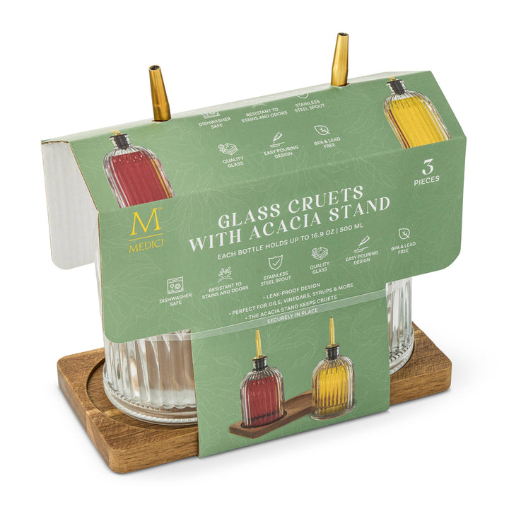 Fluted Glass Cruet Set with Acacia Base, Gold