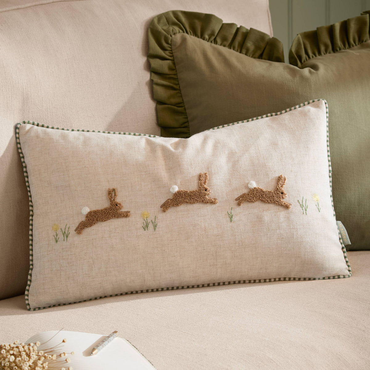 Ramble Hares Tufted Cushion, Sage