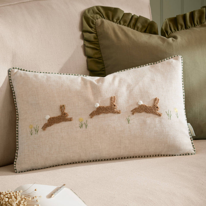 Ramble Hares Tufted Cushion, Sage