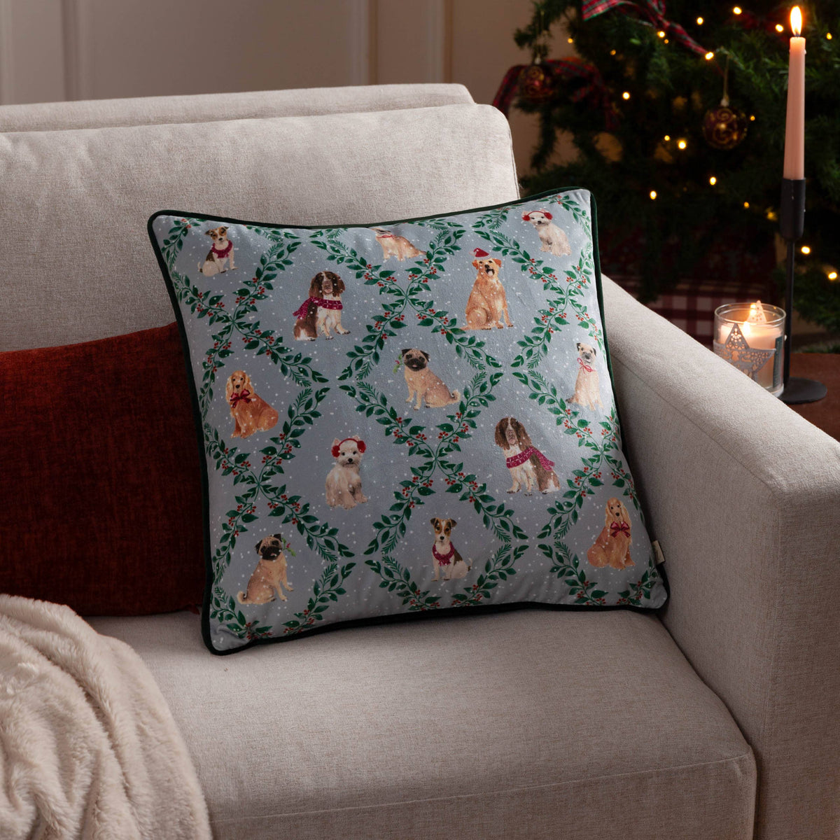 Christmas Dog Friends Printed Velvet Cushion, Multicolour