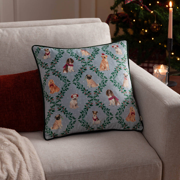 Christmas Dog Friends Printed Velvet Cushion, Multicolour