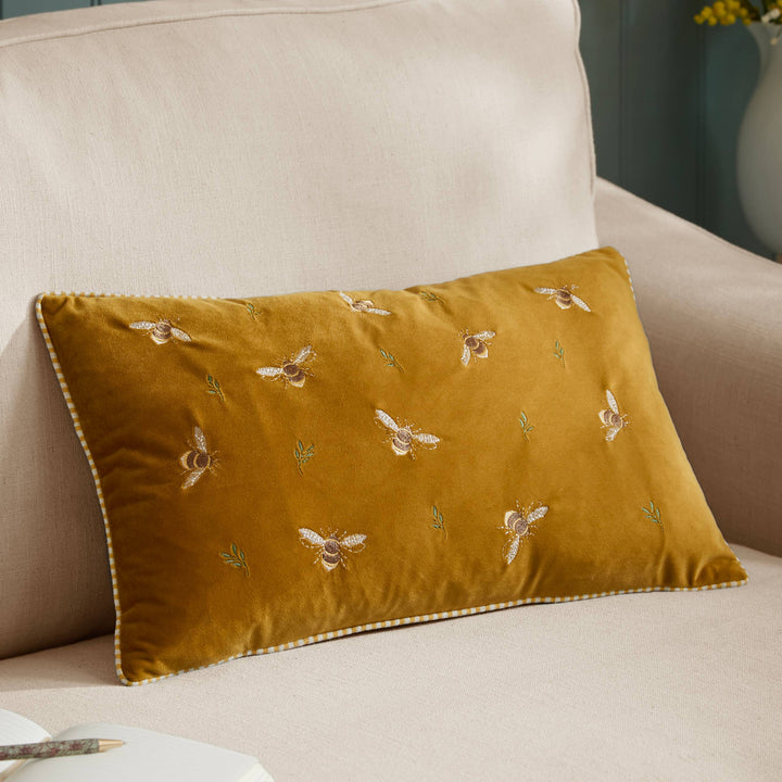 Ramble Bees Embroidered Velvet Cushion, Honey