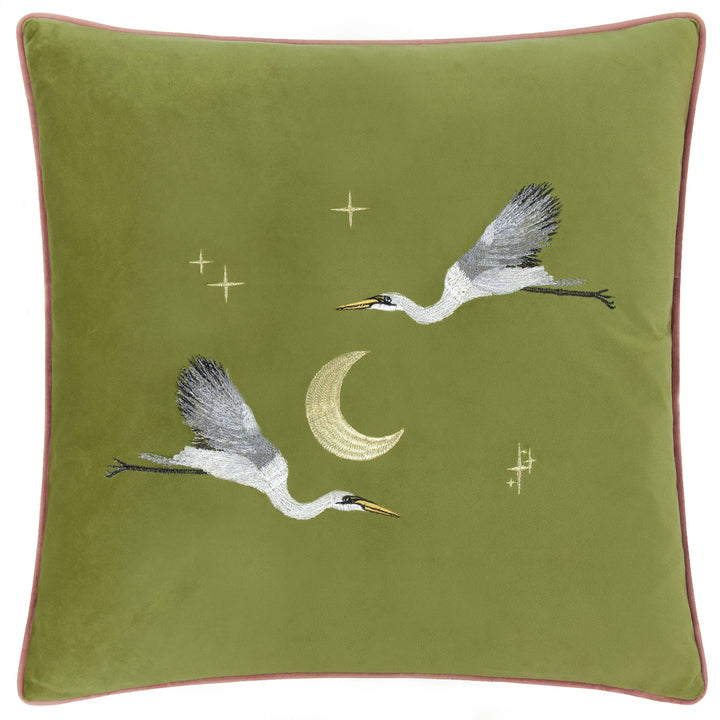Moonlit Flight Embroidered Velvet Cushion, Olive