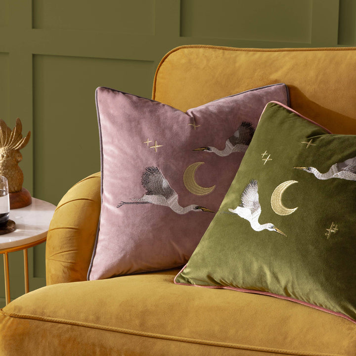 Moonlit Flight Embroidered Velvet Cushion, Olive