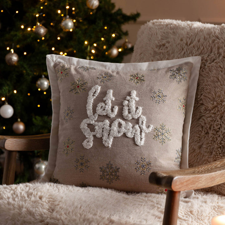 Winter Let It Snow Embroidered Cushion, Greige