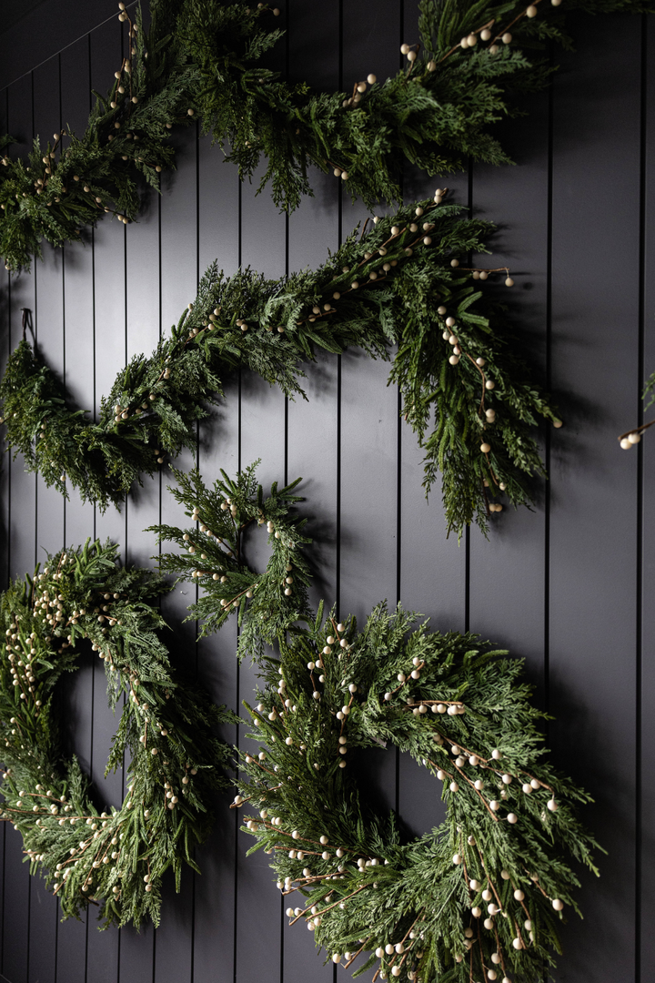 White Plum Berry Norfolk Cypress Real Touch Wreath, 14"