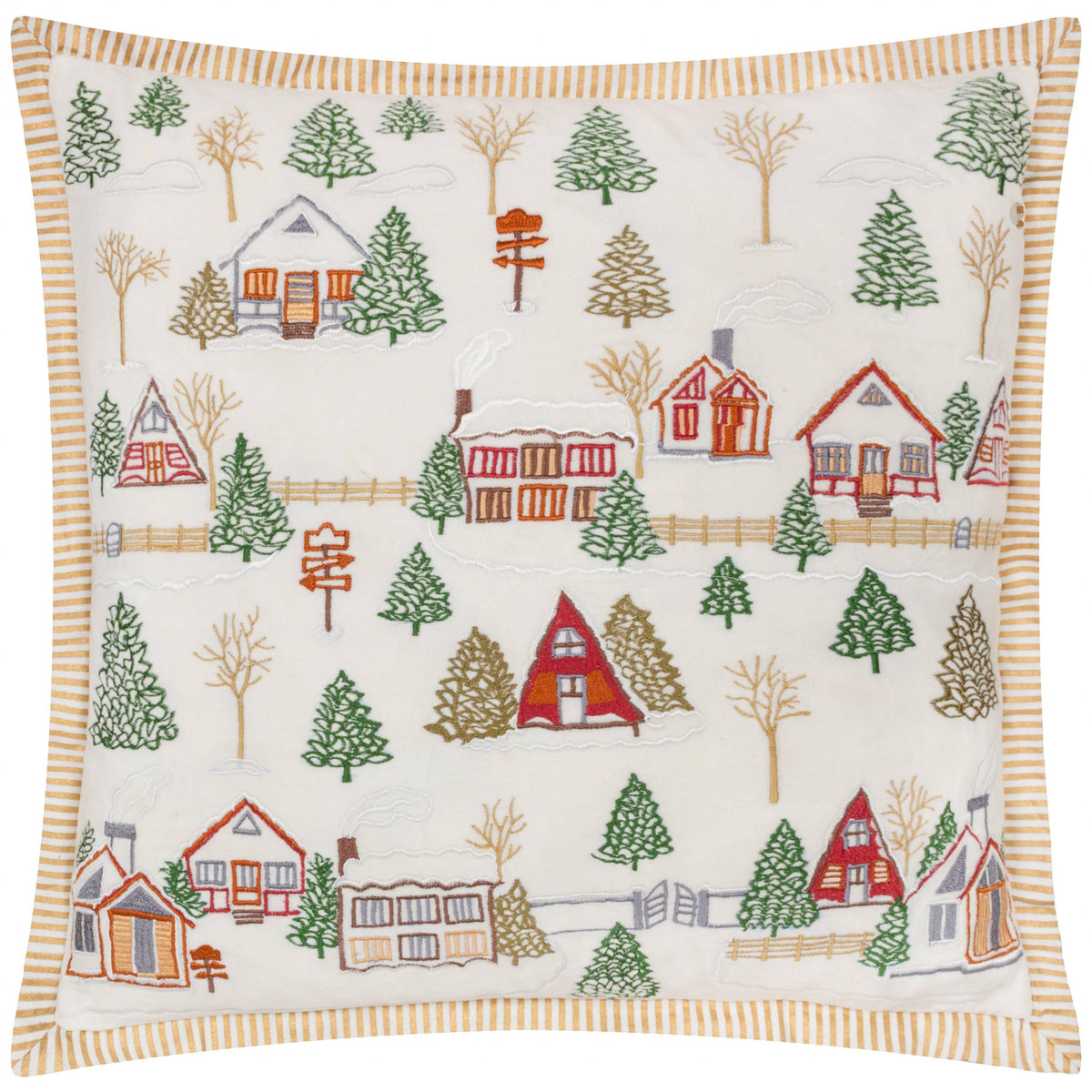 Winter Ski Lodges Embroidered Cushion, White