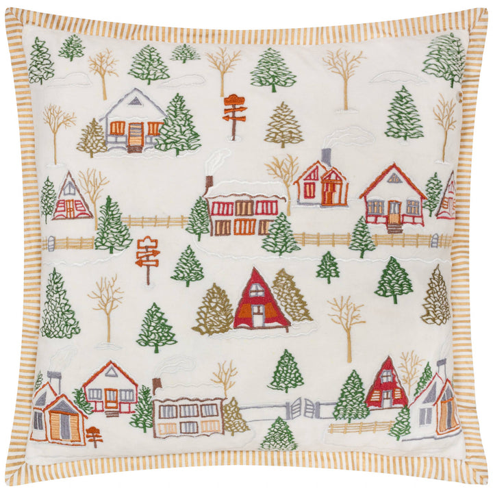 Winter Ski Lodges Embroidered Cushion, White