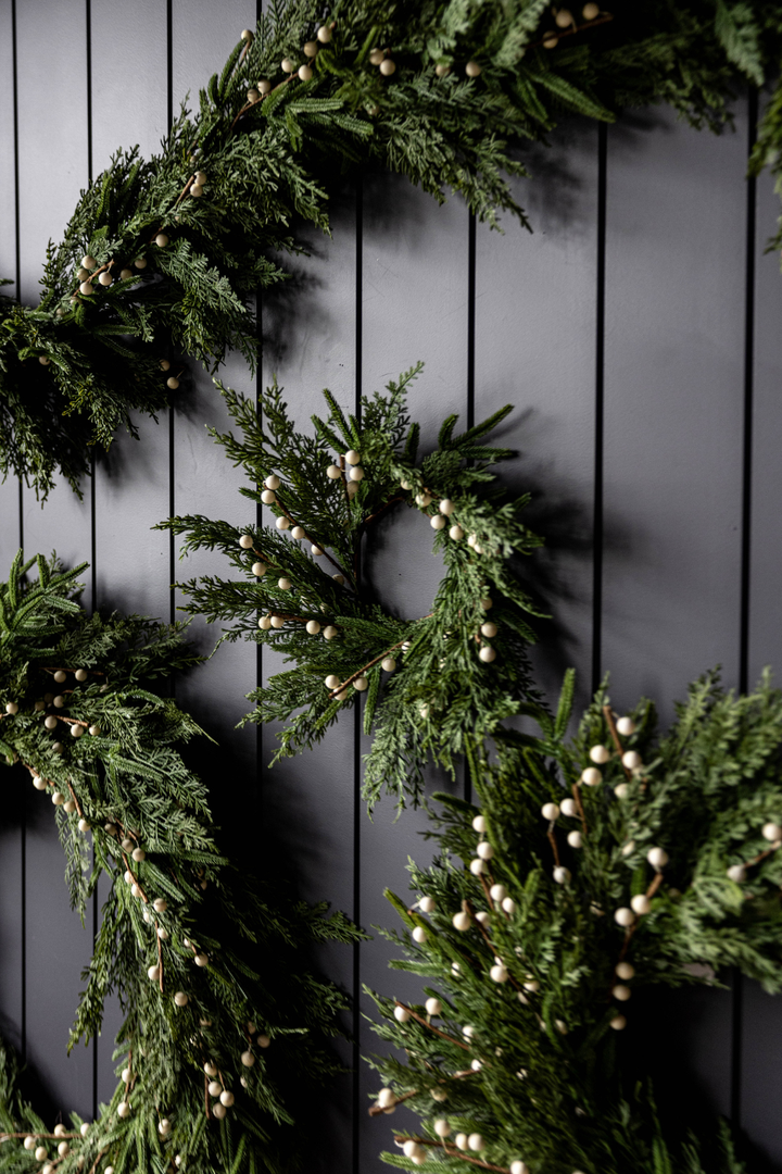 White Plum Berry Norfolk Cypress Real Touch Wreath, 14"