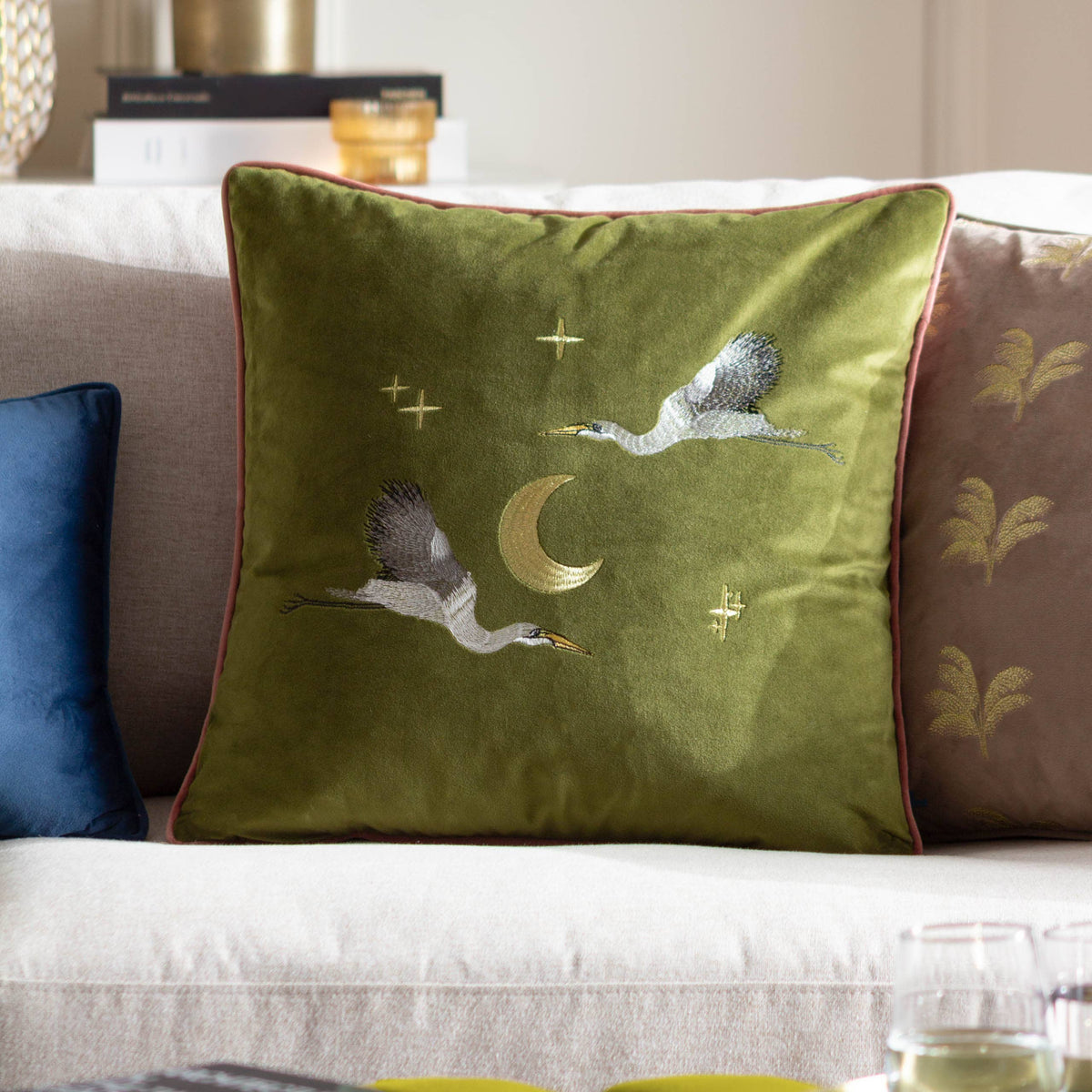 Moonlit Flight Embroidered Velvet Cushion, Olive