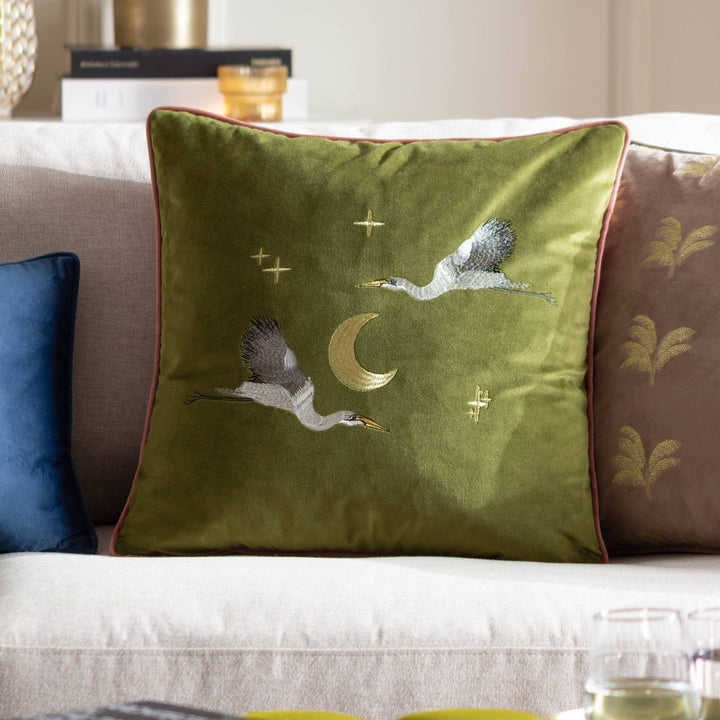 Moonlit Flight Embroidered Velvet Cushion, Olive