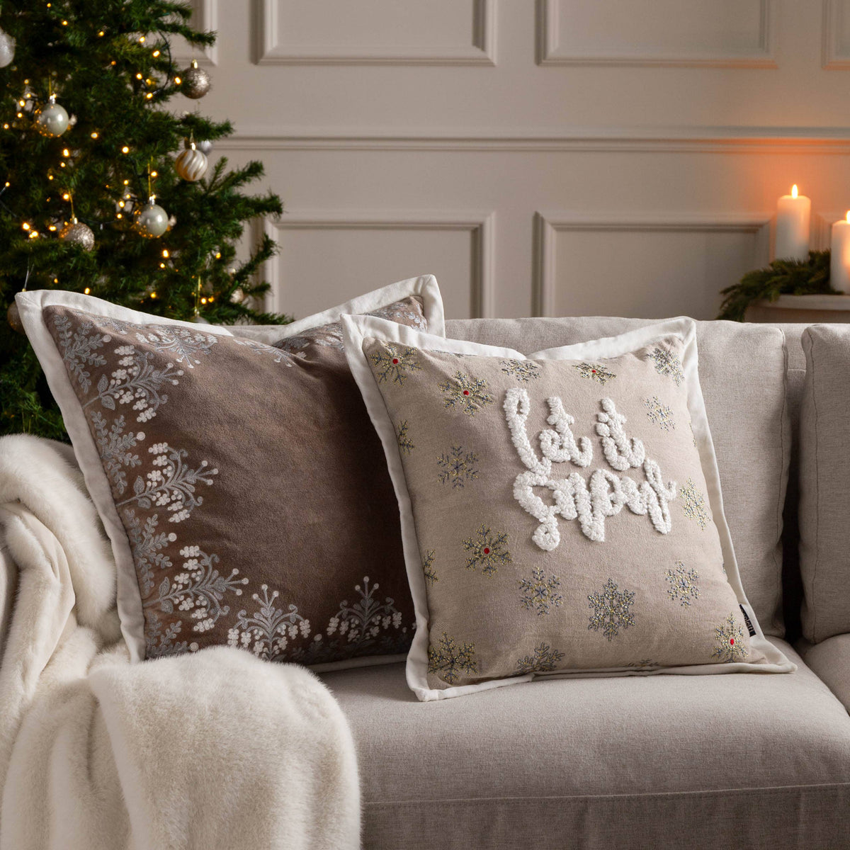 Winter Let It Snow Embroidered Cushion, Greige